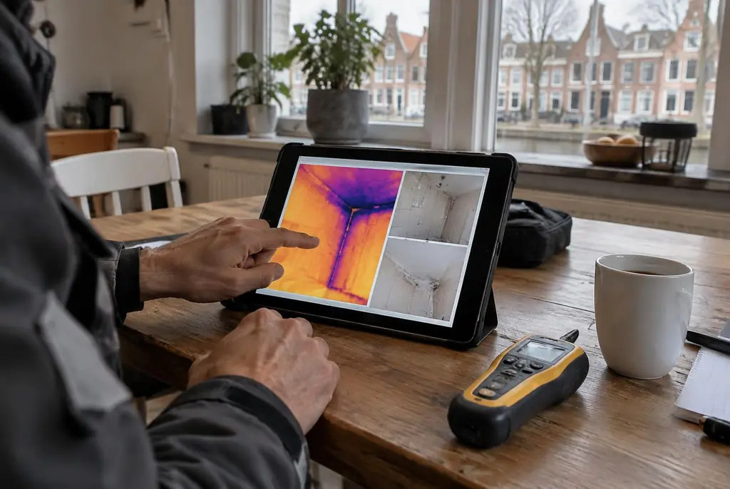 Lekdetectie Heemskerk – lekdetectierapport met warmtebeelden en foto's op een tablet