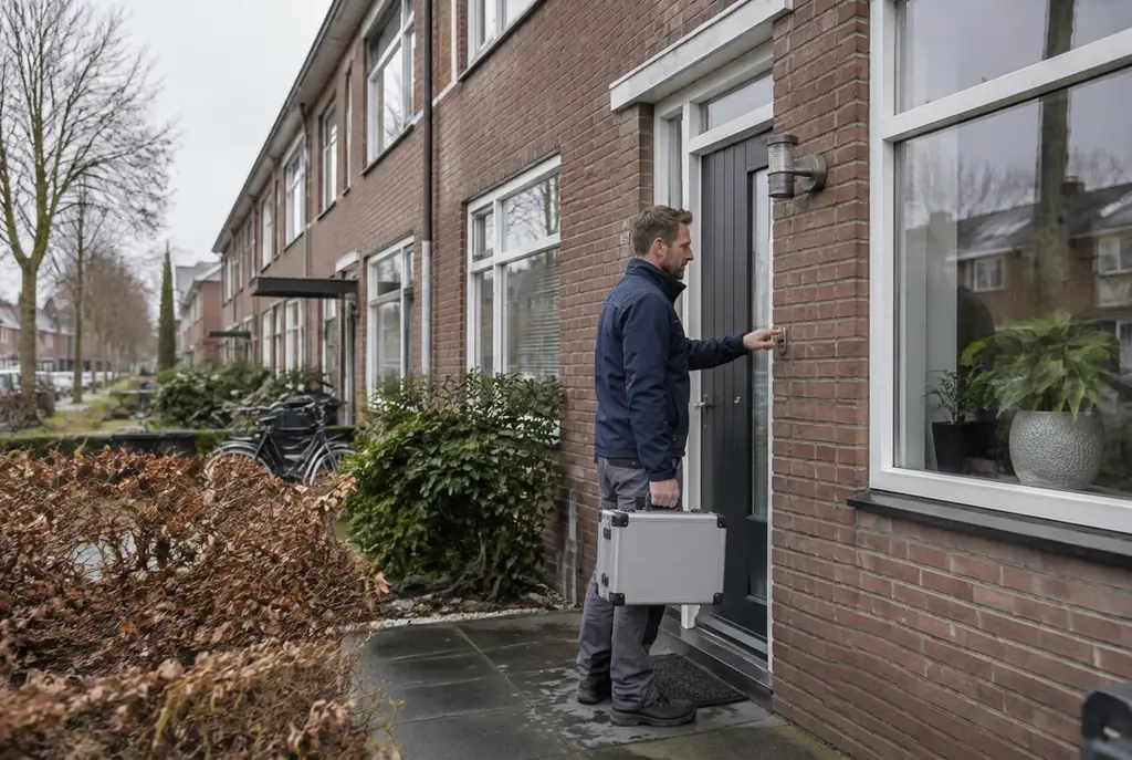 Lekdetectiespecialist met meetkoffer bij de voordeur van een woning in Heemskerk